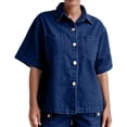 thumbnail image 2 of Women's Vintage Denim Shirt, Short Sleeve Button Down Shirt with Chest Pockets, Relaxed Fit Casual Jean Top, Summer Denim Shacket and Oversized Jean Shirt-Dark Blue, 2 of 7