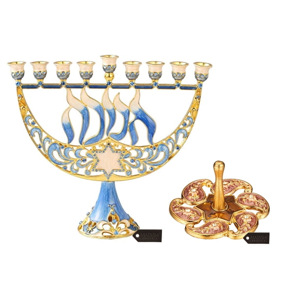 Matashi Hand Painted Enamel Menorah Candelabra w/ Star of David & Hanukkah Design and Floral Spinning Dreidel Holiday Ornaments w/ Crystals