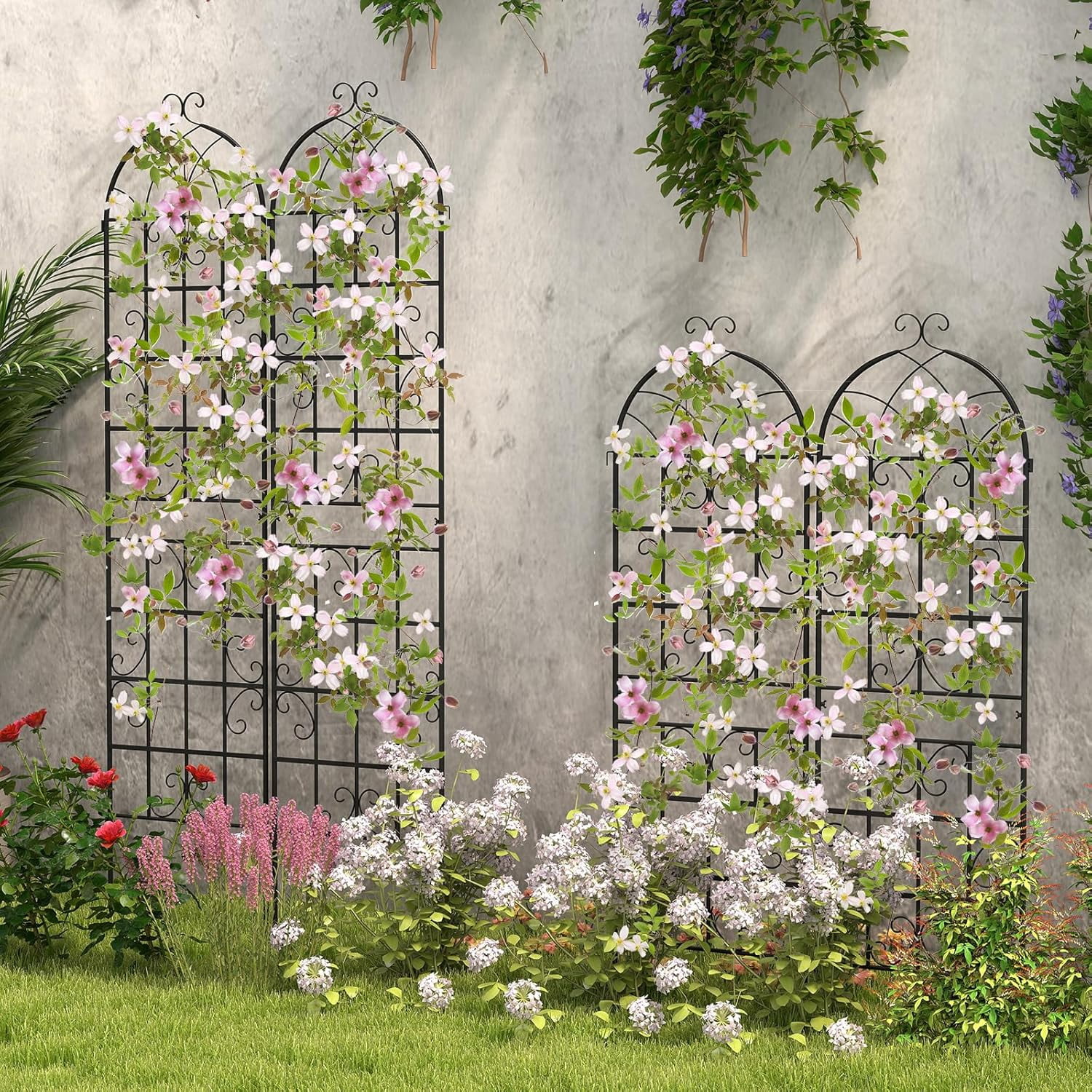 Kingsss 2 Pack Metal Garden Trellis, 71” x 20” Decorative Outdoor Trellis for Climbing Plants, Flowers, Vegetables, Rustproof Cucumber Trellis for Garden, Yard, Patio, Black