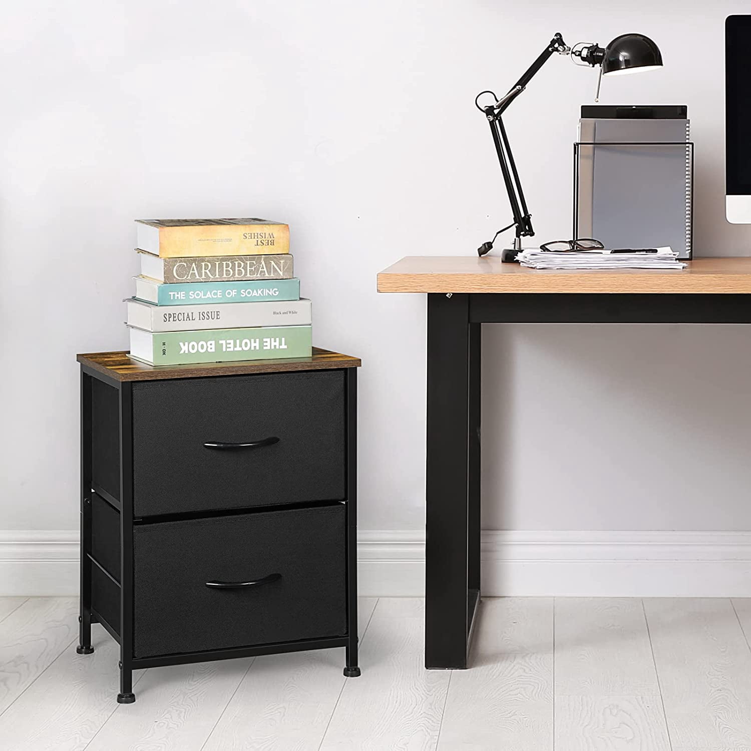 Small Nightstand Dresser, 2 Drawer Fabric Storage Bins Organizer, Black