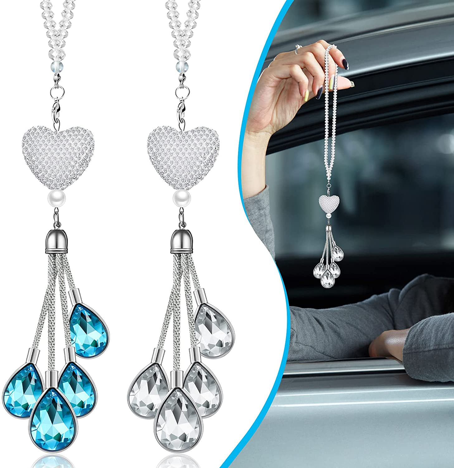 Crystal Car Rear View Mirror Charms Car Decoration Decor Lucky Hanging Interior Ornament Pendant Sun Catch Car Mirror Accessories for Women and Men 2 Pieces Bling White Heart Diamond Car Accessories