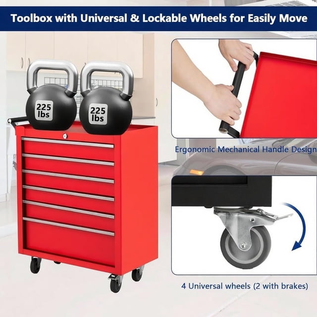 AKDSteel Coffre à Outils à 6 Tiroirs avec Roues et Serrure, Armoire de Rangement Portative à Roulettes pour Garage Ou Atelier
