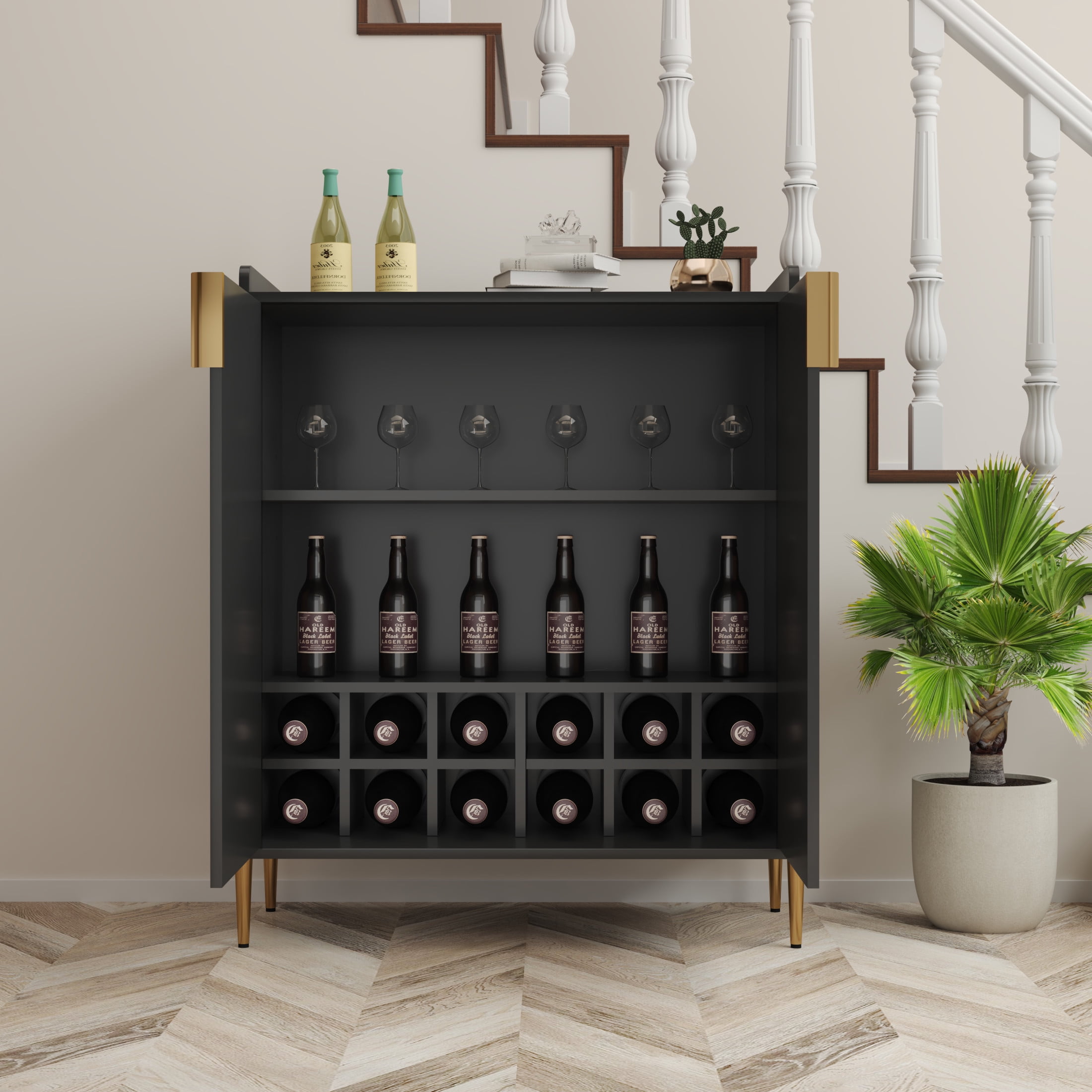 Noble House Solhill 31.5" 2-Door Wine Bar Cabinet, Wooden Wine Rack Liquor Cabinet, Adjustable Shelves, Kitchen, Black