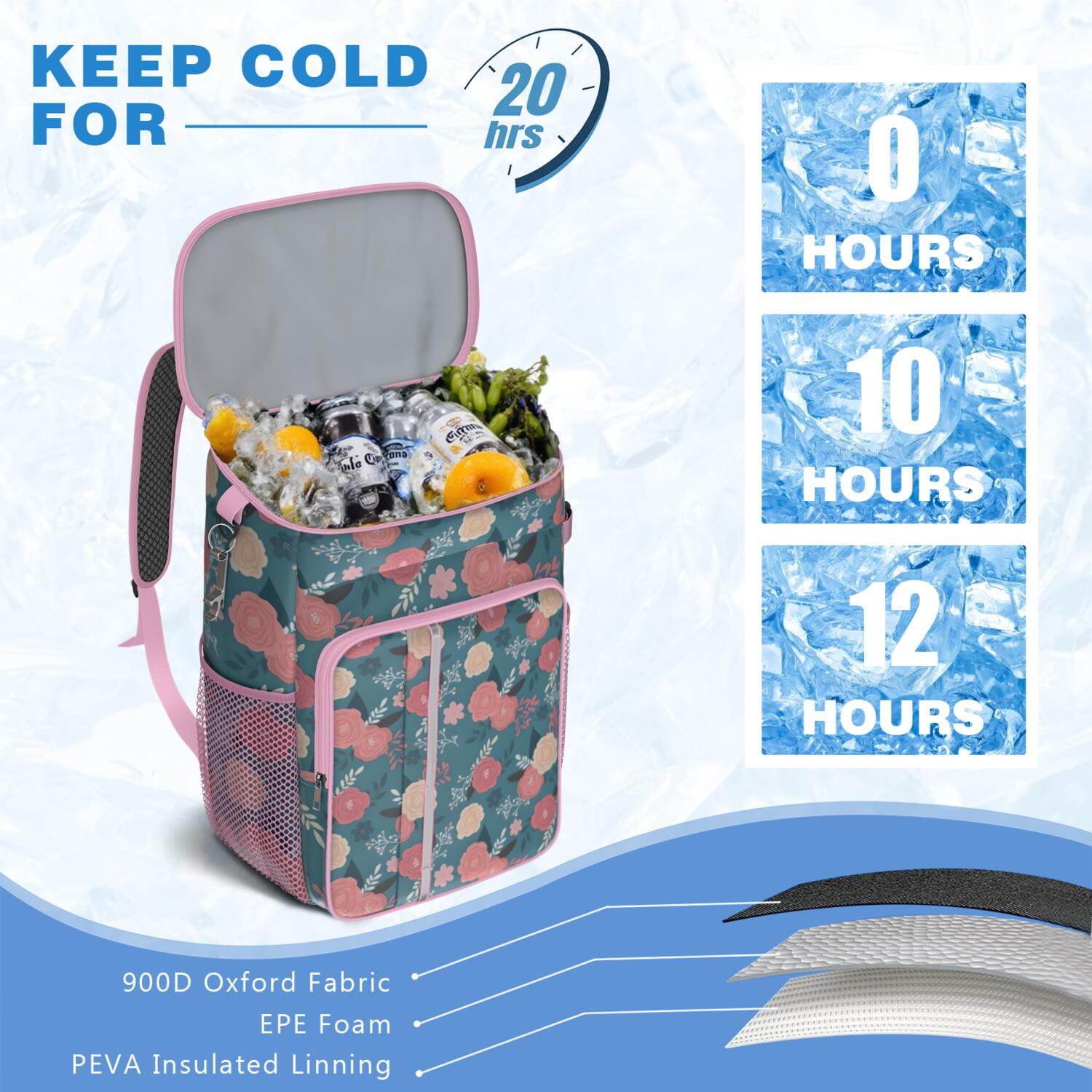 Travel Cooler Bag - Pioneer Flower Floral Print Pattern Camping Beer Cooler Backpack with Bottle Opener- Waterproof Insulated Picnic Backpacks - Cooler Bag for Beach