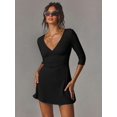 thumbnail image 5 of Deep V-Neck Mid-Sleeve Backless Mini Dress with Fitted Waist, 5 of 6