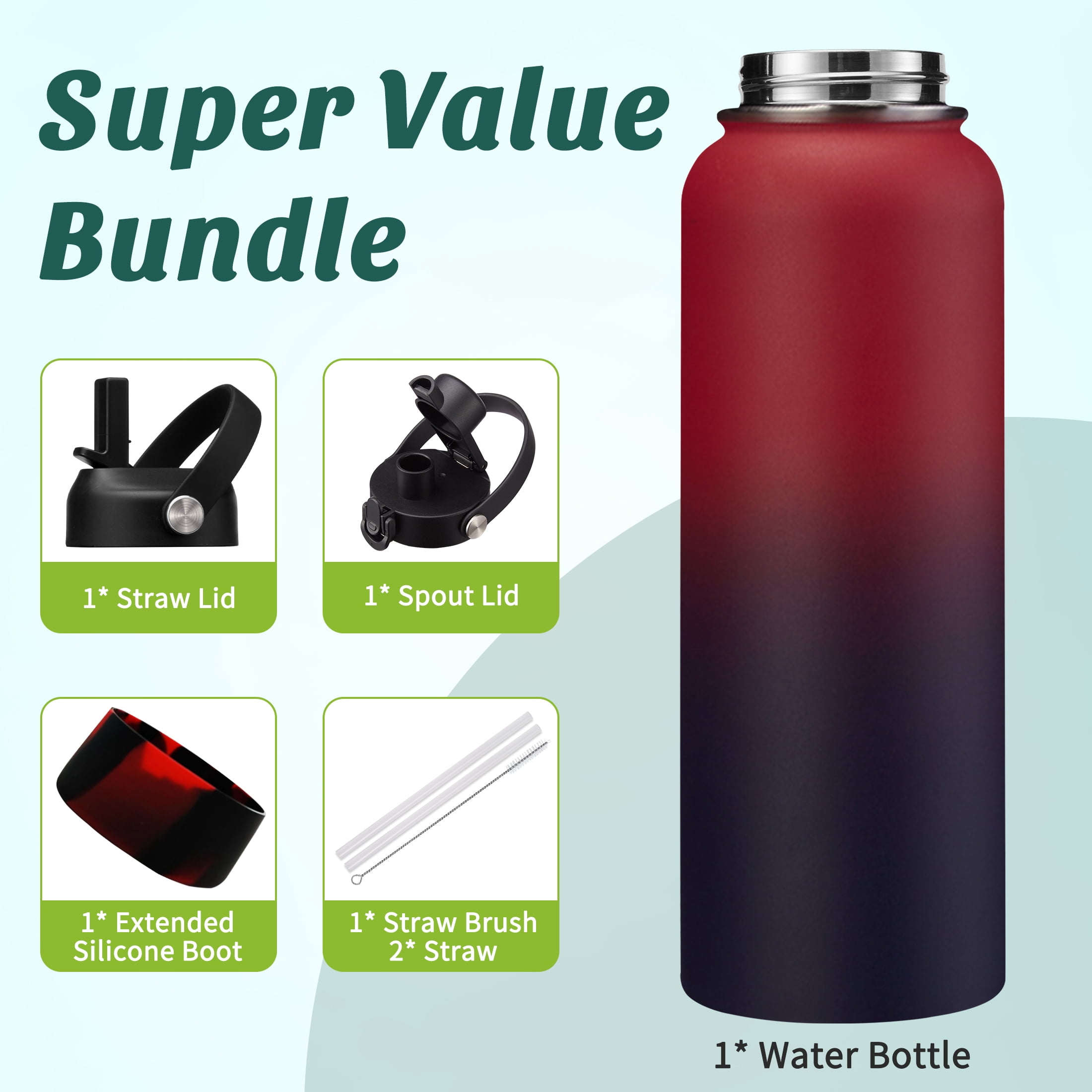40oz Insulated Water Bottle - Keep Cold-48H Hot-24H, Vacuum Water Flask with Straw & Spout Lid, Protective Boot, Reusable Sport Stainless Steel Water Bottle