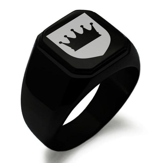 Stainless Steel Crown Royal Coat of Arms Shield Engraved Square Flat Top Biker Style Polished Signet Ring