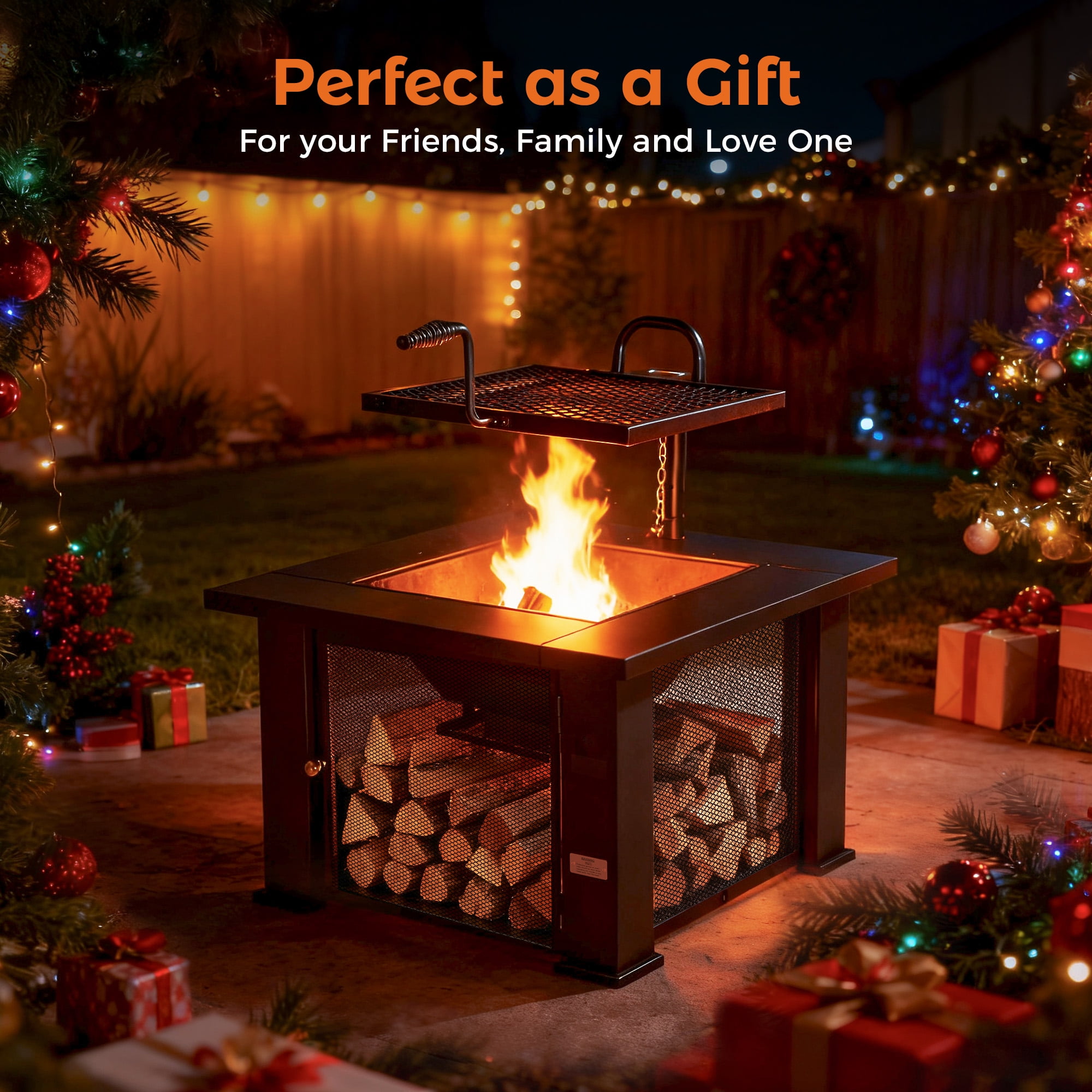 BALI OUTDOORS 3 in 1 Square Fire Pit with Grill, 31 inch Wood Burning Firepits with Poker for Patio, Backyard