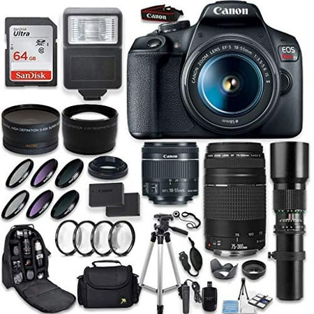 Canon EOS Rebel T7 DSLR Camera + Canon EF-S 18-55mm + Canon 75-300mm & 500mm Telephoto Lens + Wide Angle & Telephoto Lens + Macro Filter Kit + 64GB Memory + Accessory (Best Wide Angle Lens For Canon Rebel)
