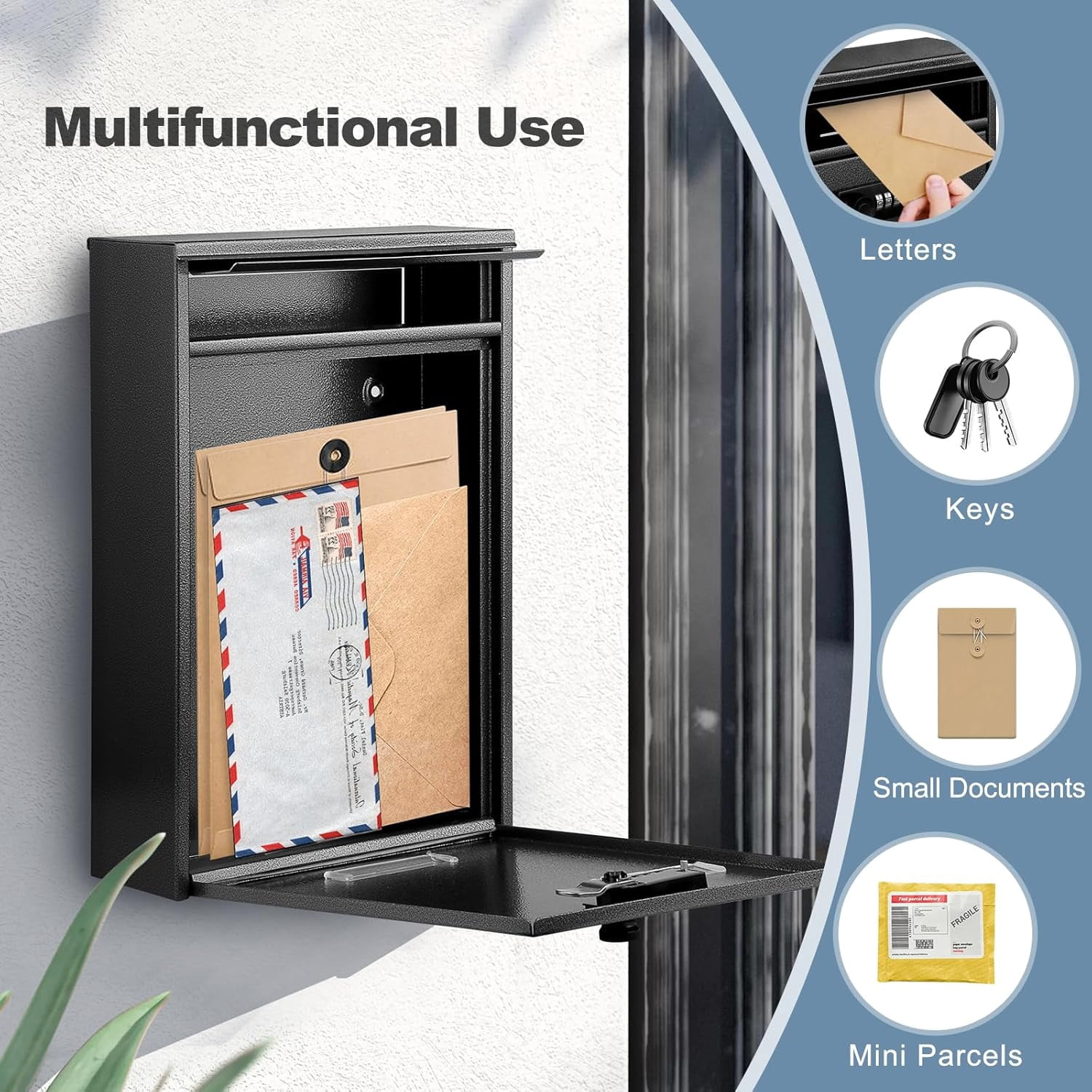 Wall-Mounted Mailbox with Combination Lock, Suggestion Box, Square & Upright Capacity, Waterproof Postbox, High Rust Resistance Letterbox, Metal Code Lock, Black