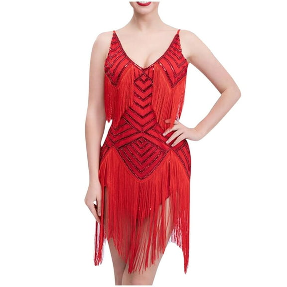 Oplxuo Women's Fringed Tassel Dance Costume 1920s Sexy V Neck Flapper Cocktail Party Dresses Rumba Ballroom Latin Outfits