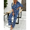 thumbnail image 5 of Womens Summer Print 2 Piece Pajama Sets Short Sleeve Button Down Outfit Long Pants Sleepwear Set Navy Blue M, 5 of 9