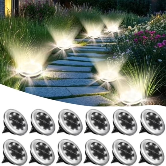 Solar Ground Lights Outdoor 12 Pack Waterproof Upgraded Flat Solar Garden Lights with 4 Side Light Stainless Steel Solar Powered Disc Light for Walkway Pathway Landscape Lawn Yard - Cool White