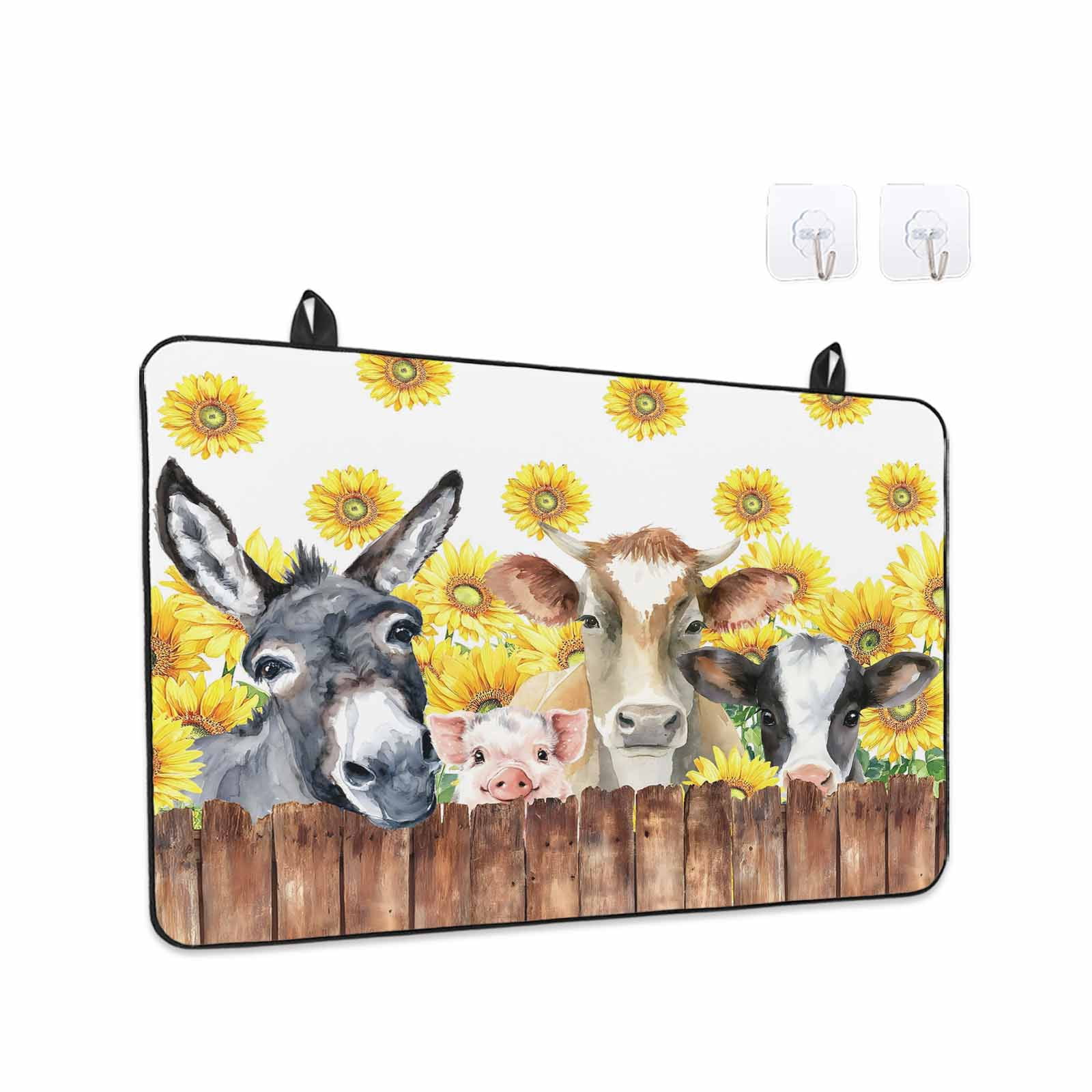 Sunflowers Farm Animals Stove Top Cover for Electric Stove, Heat-proof & Non Slip Glass Top Stove Cover Protector, Vintage Wooden Animals Kitchen Flat Cooktop Rubber Mat 24x21 Inches