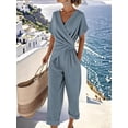 thumbnail image 5 of Women'S Outfits V Neck Cap Sleeve Crop Top Wide Leg Pant Sets Blue XL, 5 of 7
