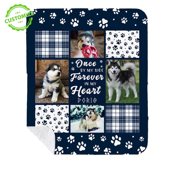 Customizaholic Personalized Pet Memorial Photo Blanket – Custom Name & Pictures – “Forever in My Heart” Paw Print Design – Heartfelt Tribute for Beloved Pets