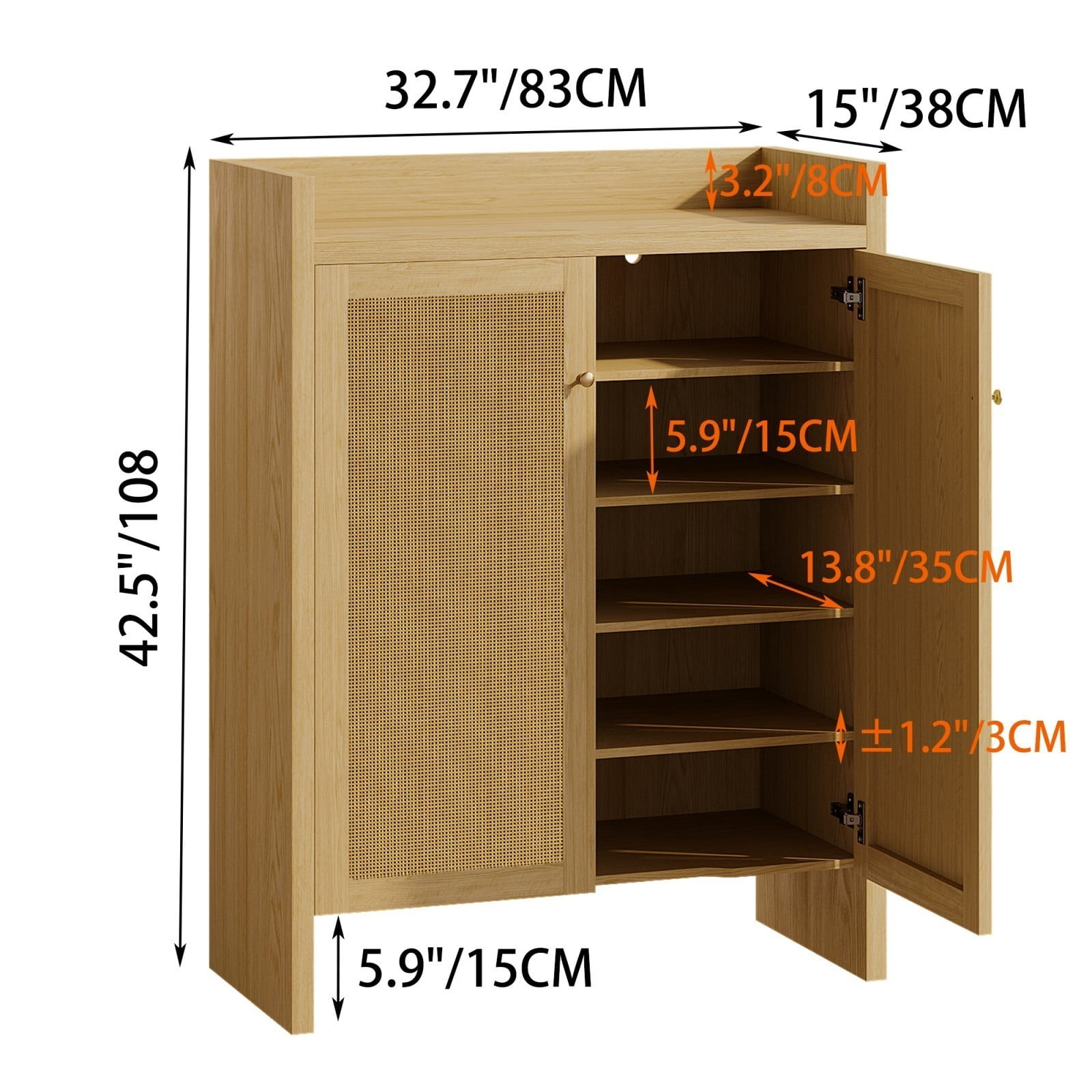 42.5" Tall Rattan Shoe Cabinet with Doors, 6-Tier Wooden Shoe Storage Organizer with Adjustable Shelves for Entryway Hallway, Natural