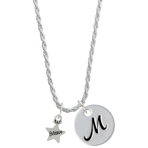 Delight Jewelry Silvertone Mini ''Believe'' Star Silvertone Script Initial Disc - M - Charm Necklace, 20"+3"