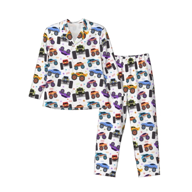 Balery Cartoon Monster Trucks1 Pijama para Hombre de Dos Piezas con Manga Larga, Conjunto de Dormir y Descanso Suave con Bolsillos-XX-Large