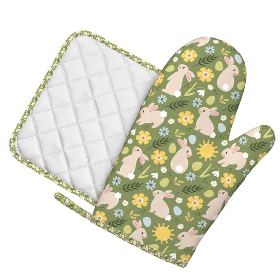 Honeii Happy Easter patten Oven Mitts and Pot Holders Sets, Baker Oven Mitts, Mittens for Kitchen Decor, Baking Lover over Gloves Gifts