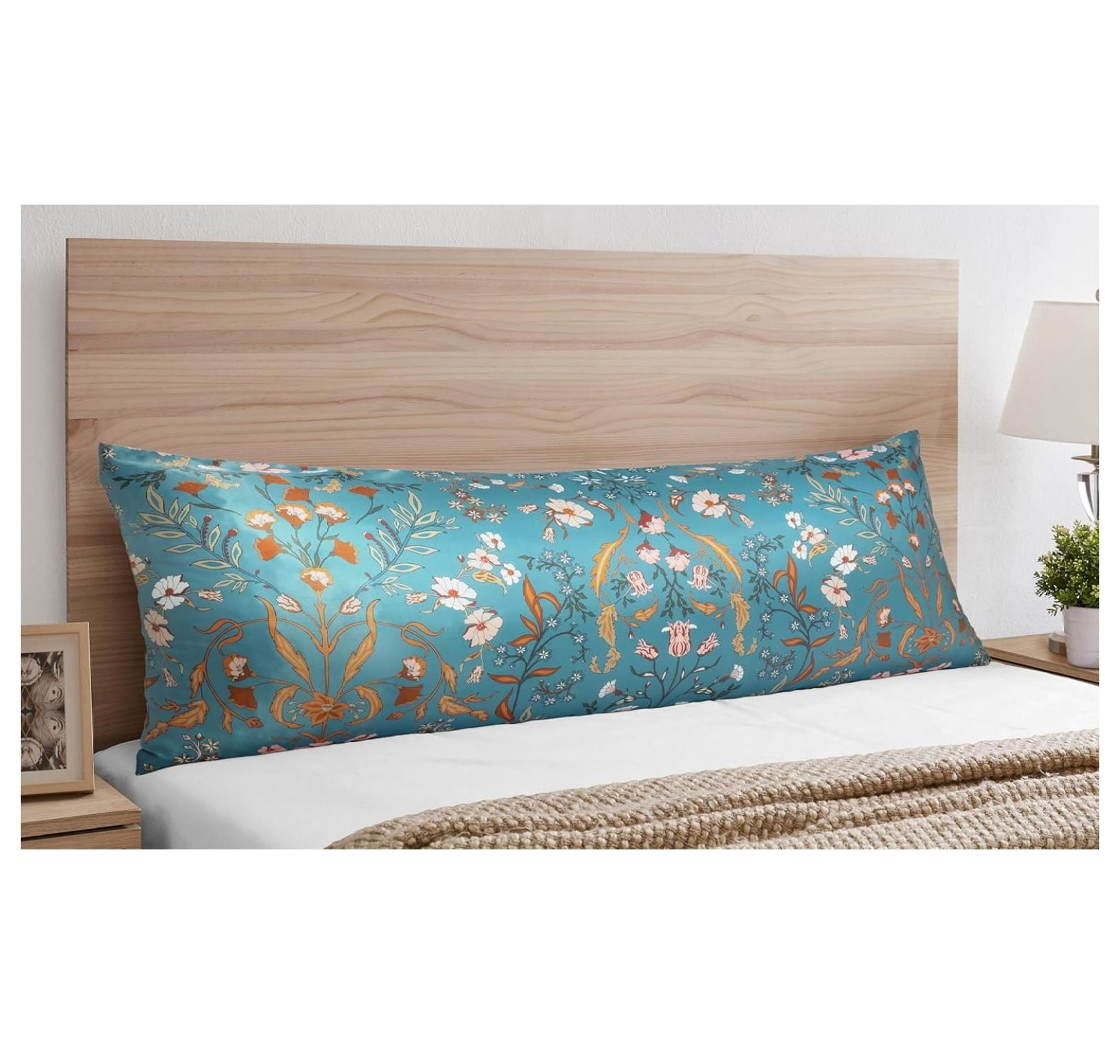 Boho Wildflower Vintage Floral Girl Body Pillow Cover Case Decorative Accent Long Couch Kids Bed Pregnancy Pillowcase 54x20 Turquoise Botanical Bohemian Farmhouse Cottagecore
