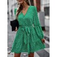 thumbnail image 2 of Vestido midi floral verde con escote en V, manga larga, corte A y lazo en la cintura para primavera/otoño, 2 of 8