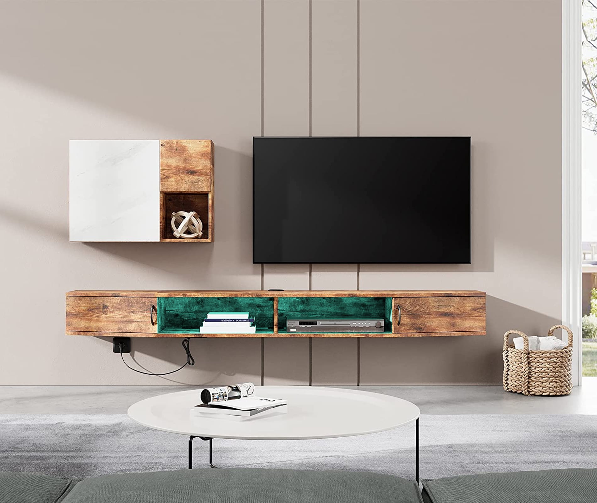 Floating TV Stand Wall Mounted Shelf with Colorful LED Lights, Wood Media Console Entertainment Center Under TV, Cabinet Hutch Desk Storage for Home and Office,Rustic Brown