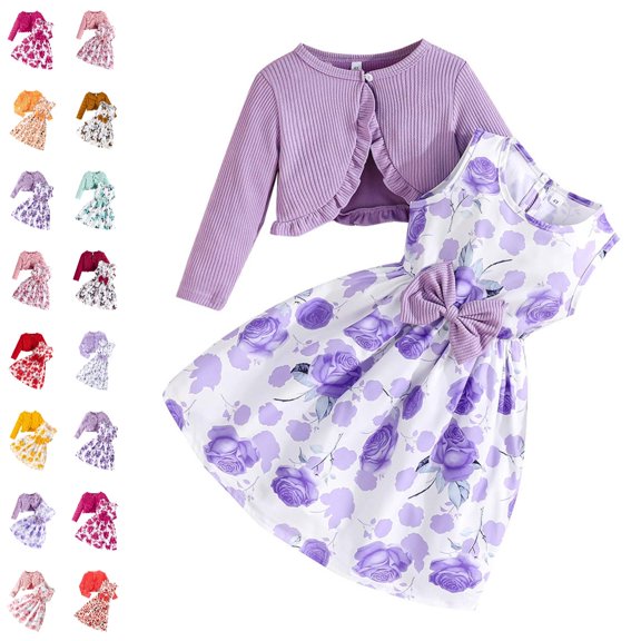 GPOECD Girls Outfits Fall Floral Sleeveless Dress with Solid Color Cardigan Outfits Two Piece Girls Sets,01_Purple,3-4 Years