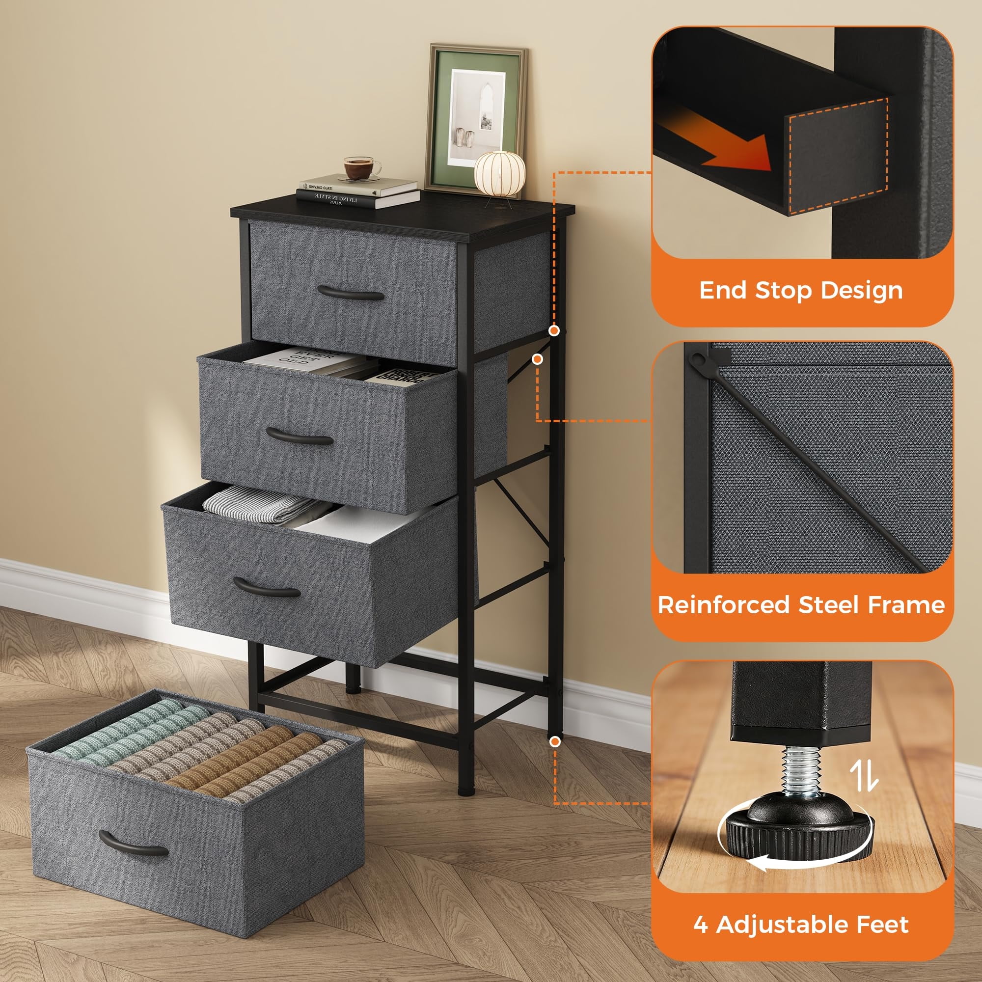 Telyra 4-Drawer Fabric Dresser 37.4" Tall Storage Tower with Wood Top and Steel Frame Narrow Organizer, Gray