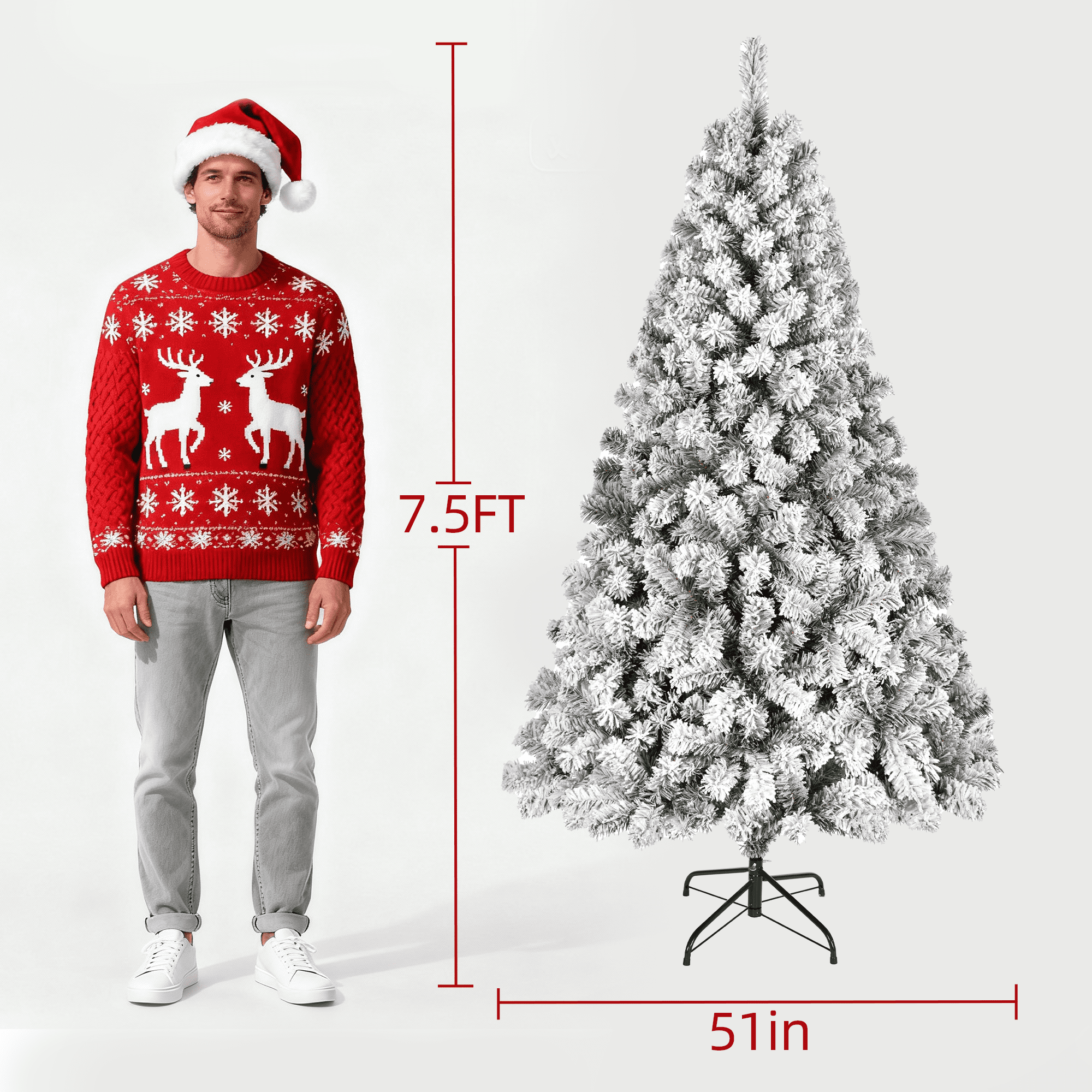 Furnibear 7.5ft Flocked Christmas Tree, 1405 Branch Tips Unlit Artificial Tree with Auto-Shaping