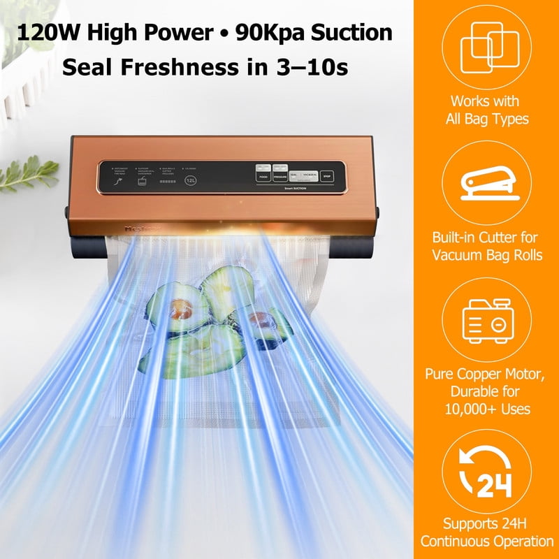 TINKLE WELL 6-in-1 Compact Vacuum Sealer Machine, Food Preservation System with Dry & Moist Modes, Includes 2 Bag Rolls + 5 Pre-Cut Bags, Cutter & ETL Listed, Gold