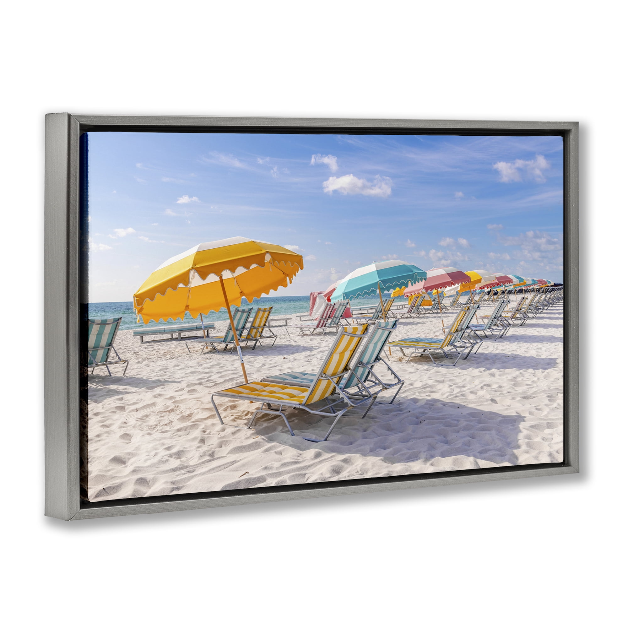 Stupell Industries Striped Umbrellas on Sunny Beach Gray Framed Floater Canvas Wall Art, design by Richard Silver