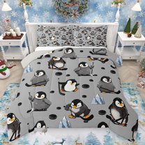 Homewish Cartoon Grey Penguin Bedding Comforter Set, Ice Hockey Sports Twin Comforter Sets, Kawaii Animal Reversible Bedding Set, Microfiber Bedroom Decor, 2-Piece