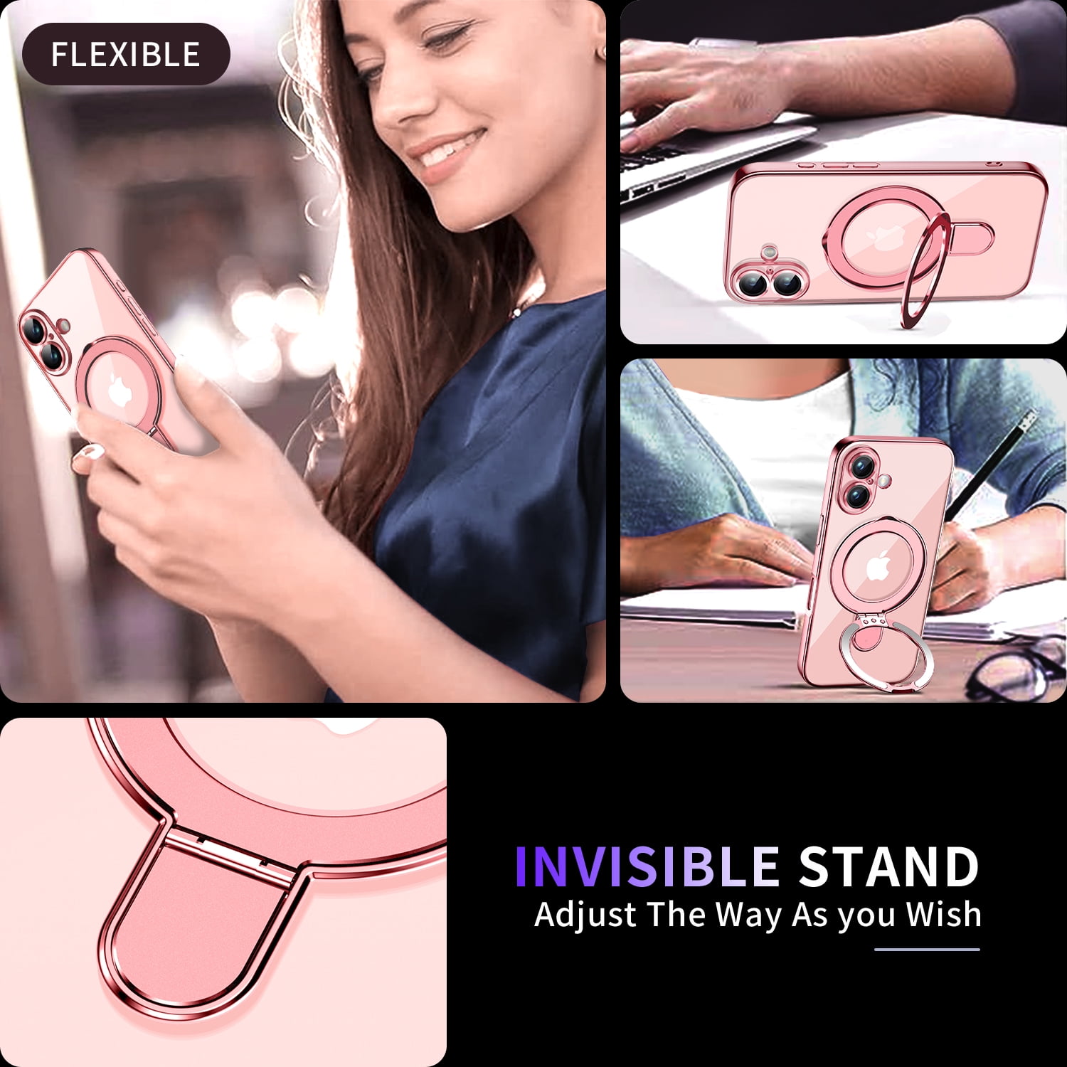 JETeacka Magnetic for iPhone 17 Case with Invisible Kickstand, MagSafe Compatible, Camera Protection, Shockproof Not Yellowing Slim Soft Cover, Pink