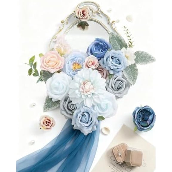 Artificial Flowers Box Blue Pink Silk Fake Rose for DIY Wedding Bridal Bouquets Cake Floral Arrangement Table Centerpieces Baby Shower Birthday Party Home Decor
