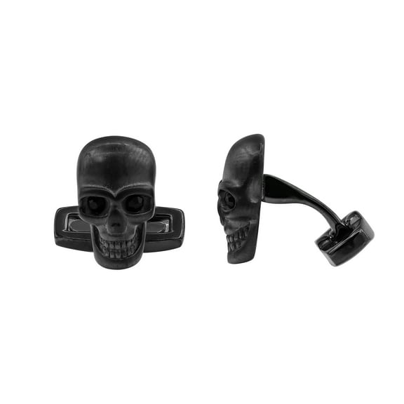 Arista Black Cubic Zirconia Men's Skull Cuff Links in Gun Metal Plated Stainless Steel