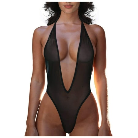 DENGDENG Women s Sexy One Piece Sheer Mesh Bodysuit Babydoll Sexy Deep V Neck Teddy