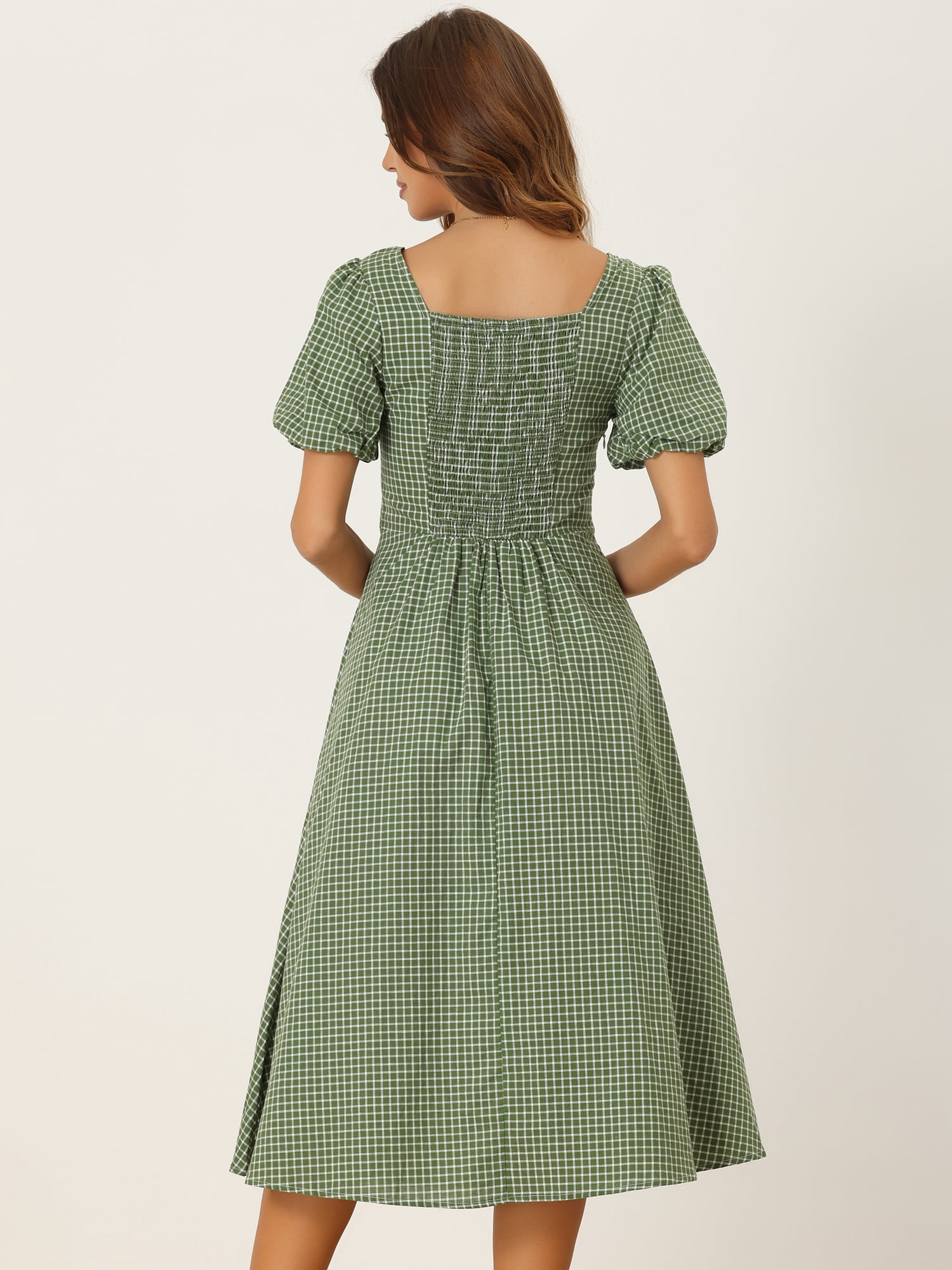 DARING DIVA Smocked Back Puff Short Sleeve Midi Dress S Green