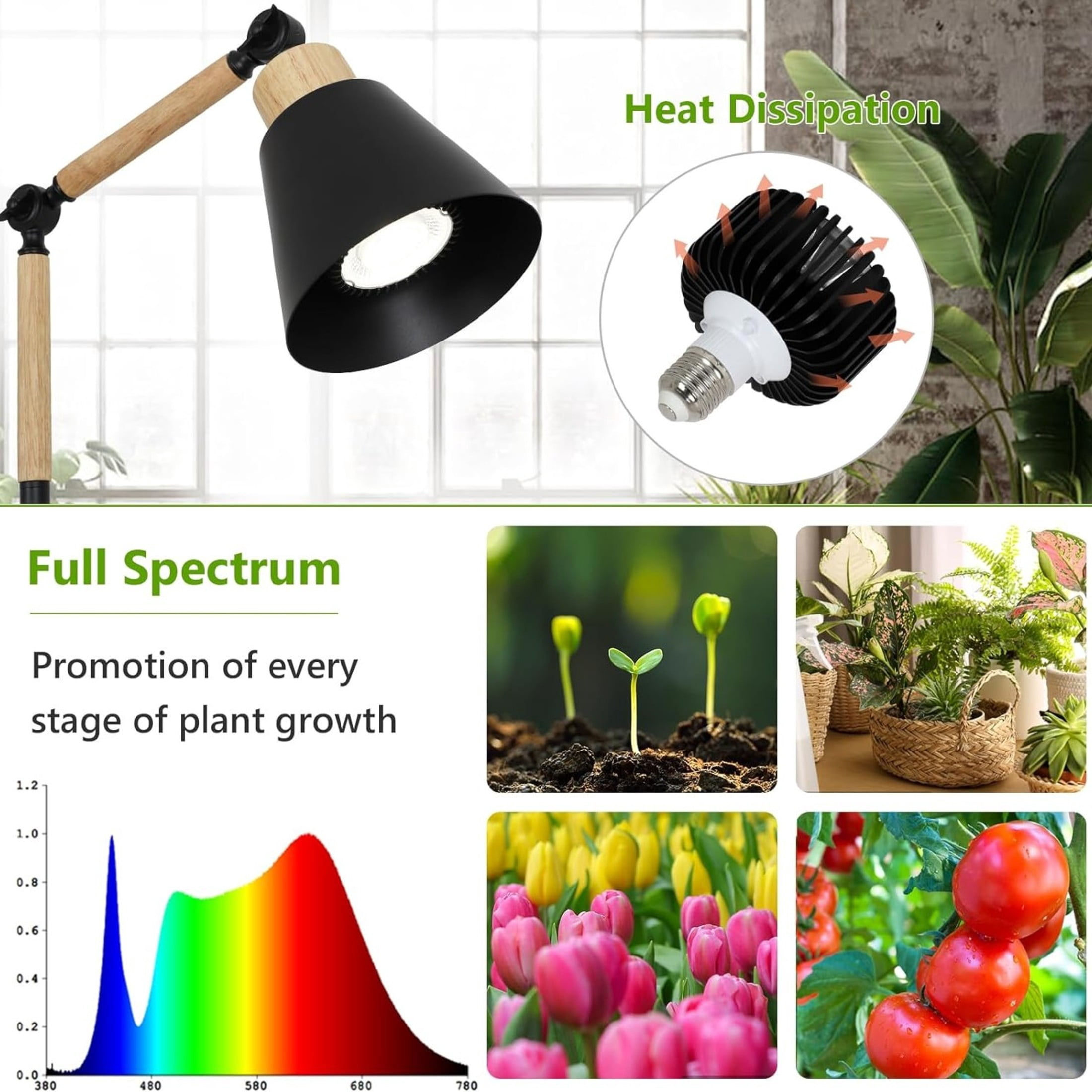 Noble House 20W Full Spectrum Grow Light, Tall Adjustable Indoor Plant Lamp with COB LED and Timer, Black
