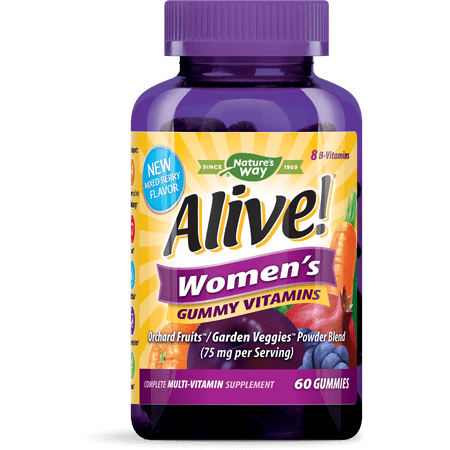 Alive! Women's Gummy Multivitamin Supplement with Orchard Fruits & Garden Veggies Powder Blend (75 mg per serving), 60