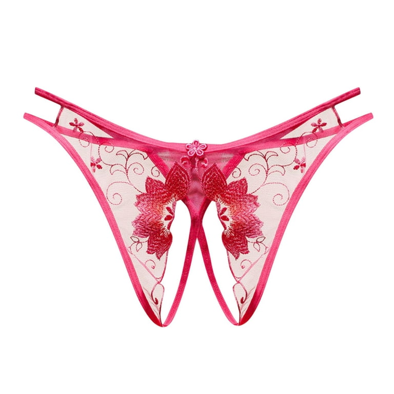 MRULIC panties for women Women Low Waist Sexy Flower Embroidery Hollow Out  Transparent Mesh Thong Open Crotch Underwear Hot Pink + One size