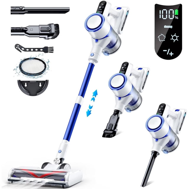 Cordless Vacuum Cleaner, Stick Vacuum with Powerful Suction, equipped with a 450W brushless motor, 45Kpa suction power, and LED motorized brush. Features a telescopic tube, LED display, and 1.8L dust cup. Lightweight design with multiple attachments for cleaning hardwood floors, carpets, and pet hair. Offers up to 55 minutes runtime with a detachable battery.