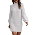 thumbnail image 2 of NSLGXD Sweater Dresses for Women Casual Mock Neck Long Puff Sleeve Soft Knitted Bodycon Pullover Mini Sweater Dress Solid Warm Ribbed Knit Tunic Dress, 2 of 6