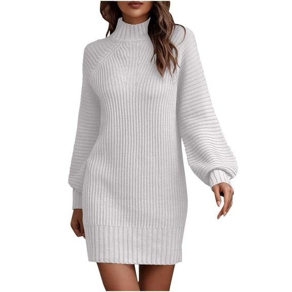 Women's Long Puff Sleeve Ribbed Knitted Dress Turtleneck Casual Loose Knee Length Solid Casual Loose Pullover Sweater Dress White,XL