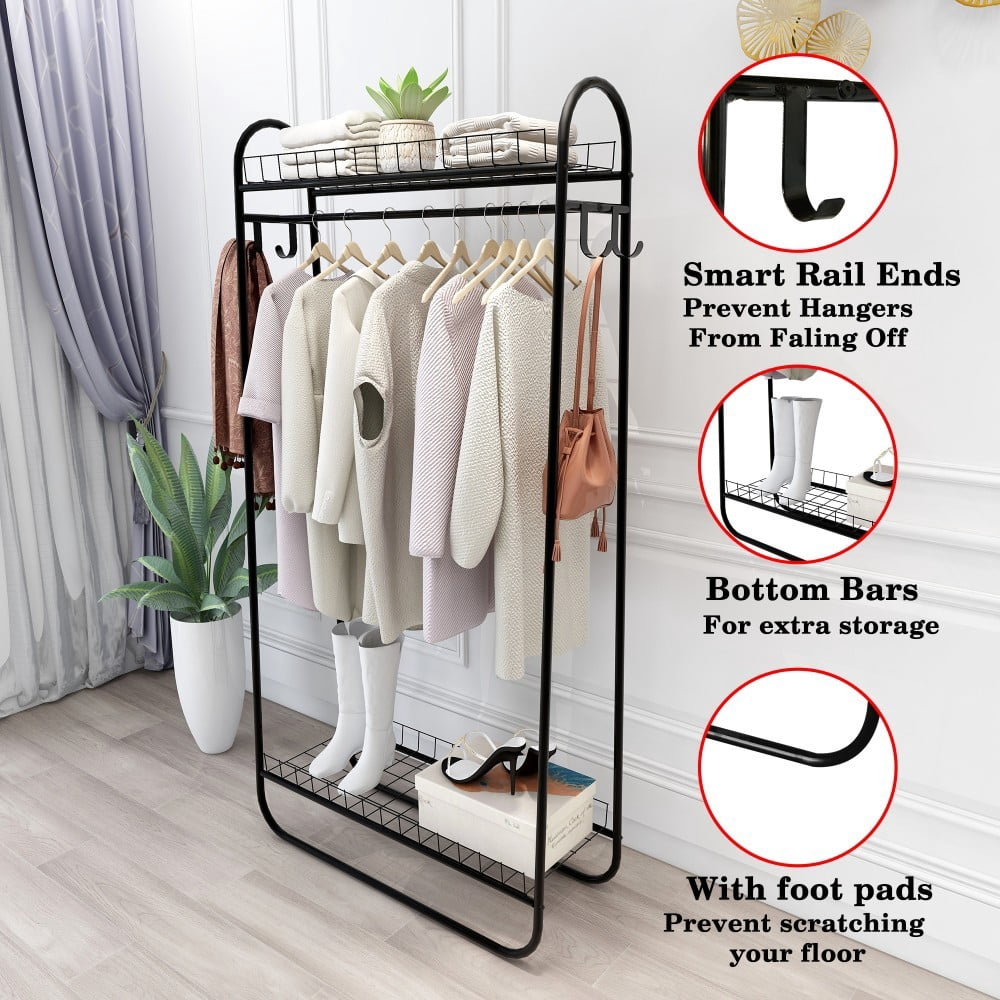 Heavy Duty Garment Rack, Freestanding Metal Clothes Rack with Double Shelves, 200 lbs Capacity, Portable Rolling Clothing Rack, Black