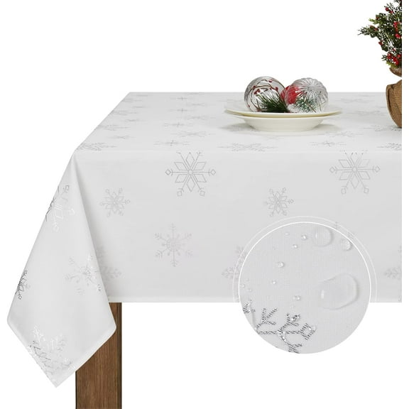 Christmas Tablecloth, Silver Snowflake Table Cloth, Xmas Waterproof Tablecloths for Dining Kitchen Winter Holiday, Spill Proof Table Cover for Party Home Decor, Sparkling White, Rectangle 60 x 84 inch
