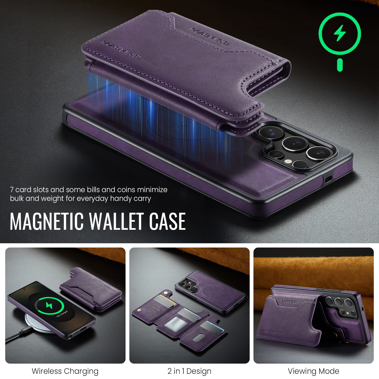 Designed for Samsung Galaxy S24 Ultra Wallet Phone Case,Magnetic Detachable Flip Card Holder,Back Flip Kickstand,Compatible with Mag-Safe,2-in-1 PU Leather Heavy Duty Shockproof Phone Case,Purple
