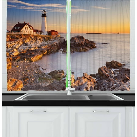 East Coast Lighthouses - United States Curtains 2 Panels Set, Cape Elizabeth Maine River Portland Lighthouse Sunrise USA Coast Scenery, Window Drapes for Living Room Bedroom, 55W X 39L Inches, Pale Blue Tan, by Ambesonne