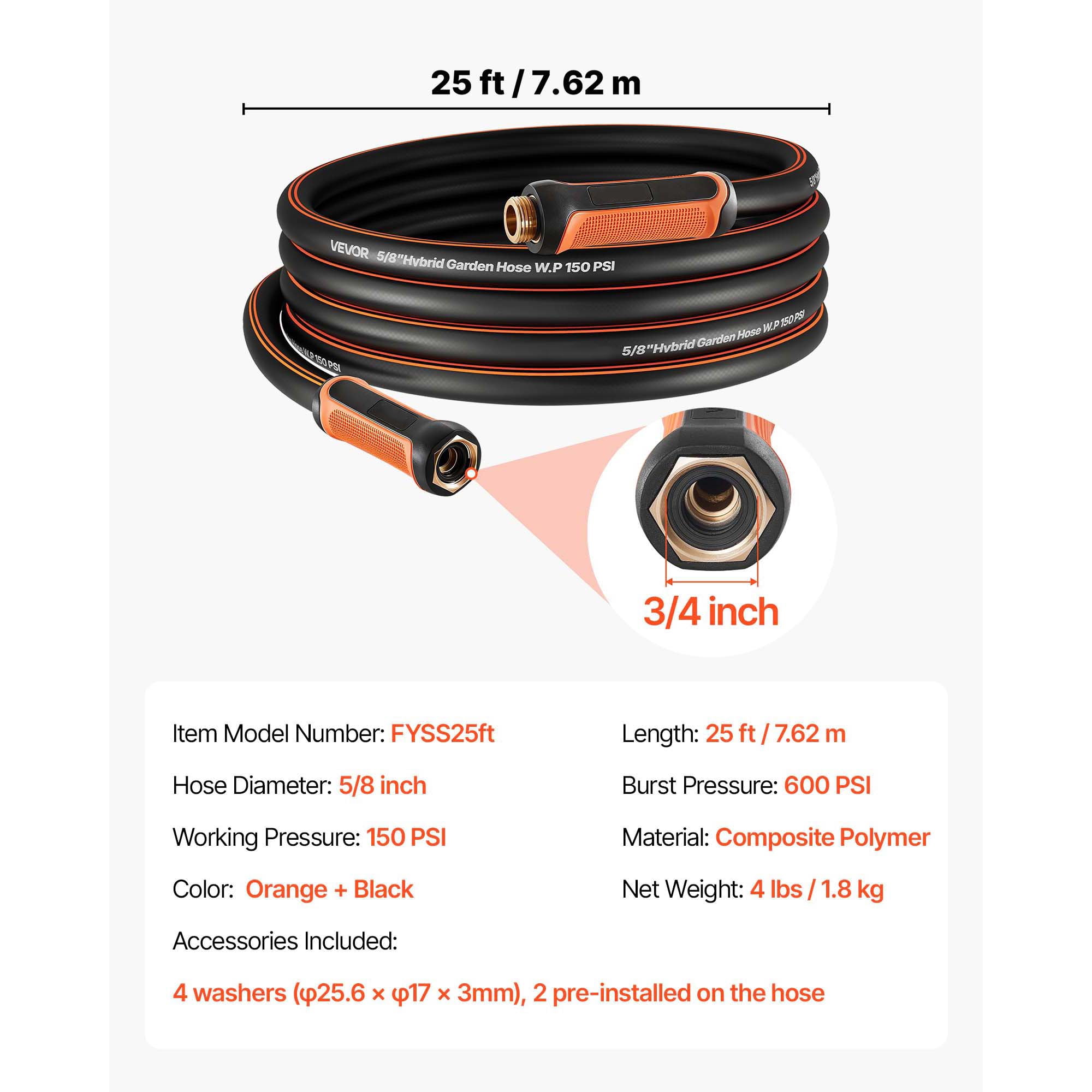 KFFKFF 25 ft 5/8" Durable 4-Layer Rubber Water Hose, 150PSI Working Pressure & 600PSI Burst Strength, Flexible Non-Kink Outdoor Hose with 3/4" Connector, Lightweight Option for Gardening and Cleaning