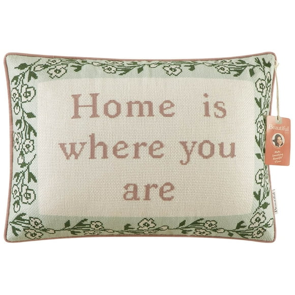 Beautiful Sage Green Sentiment Needlepoint Lumbar Pillow by Drew Barrymore